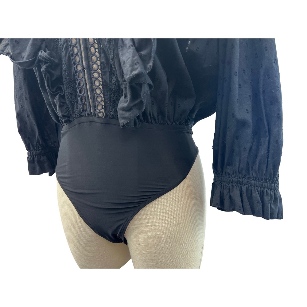 FARM Rio Black Lace-Trim Puff-Sleeve Bodysuit - Picture 8 of 10